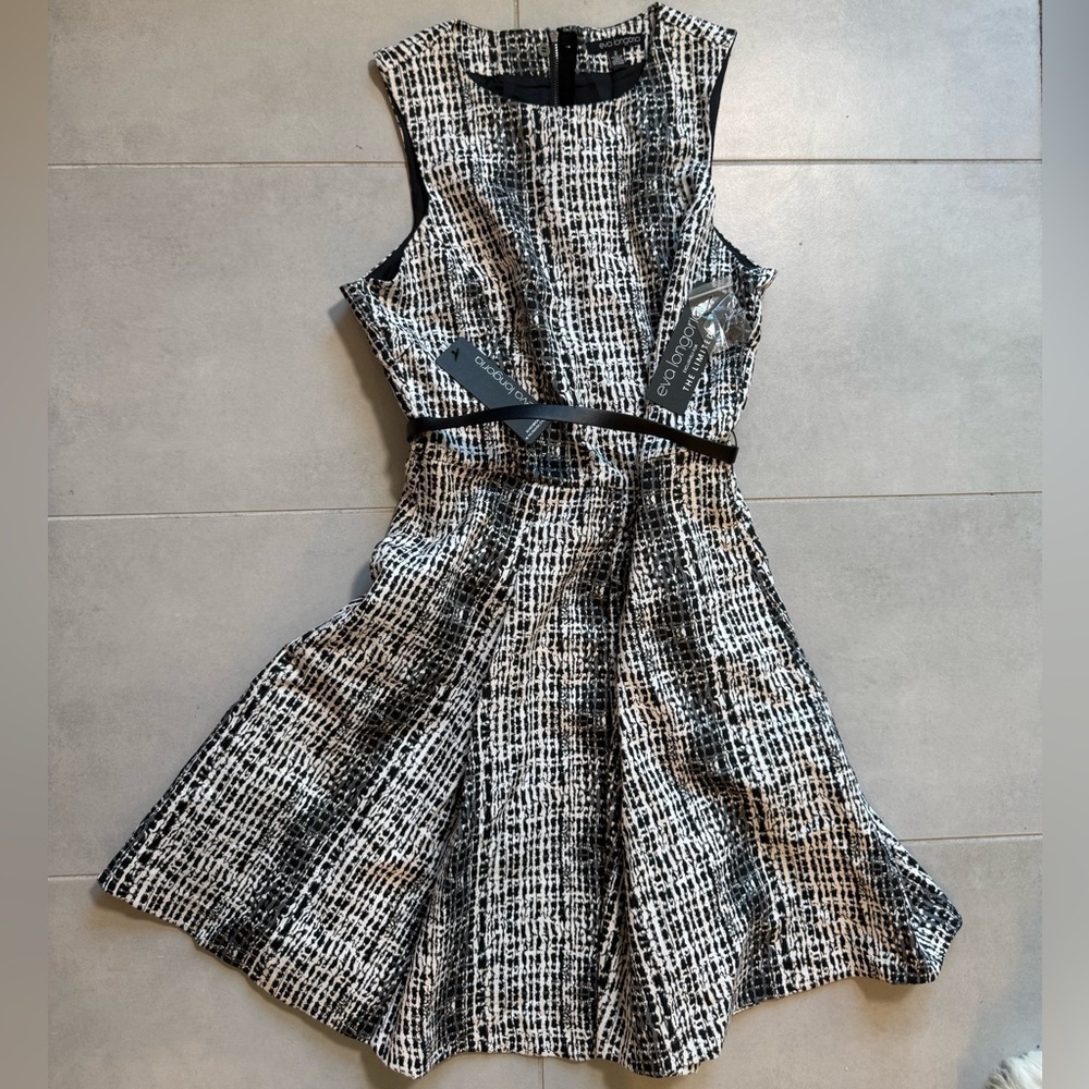 Eva Longoria  Black and White Sleeveless A-Line Midi Dress NWT w/ black belt